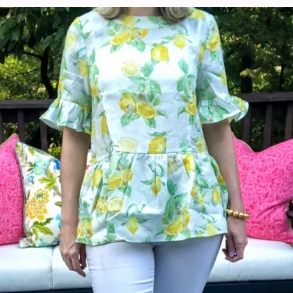 Laroque The Betty B Lemon Print Linen Peplum Blouse Tunic Top Size S